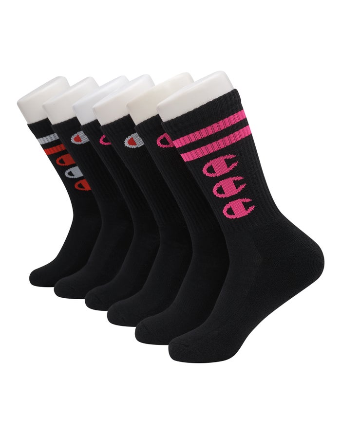 Champion Womens Socks NZ - Crew C Logo 6-Pairs Black ( 6503-JNKMS )